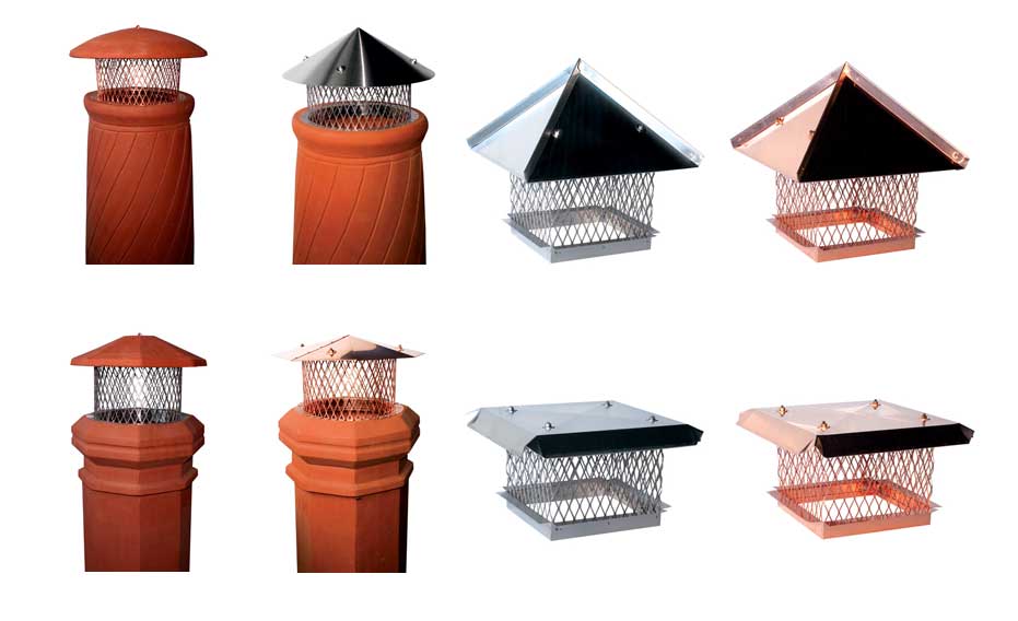eight different chimney with pot topper covers used as a cap