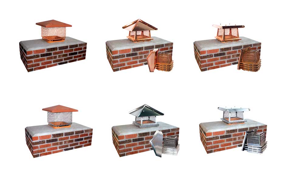 six differnet chimneys all with different colors of single flue chimney caps