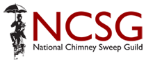 Logo with man holding an umbrella sitting on a chimney that reads Member National Chimney Sweep Guild