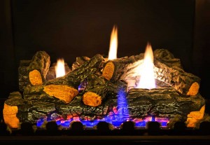 gas logs with blue and yellow flames