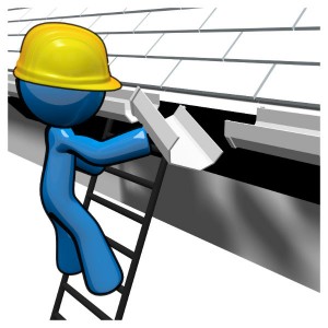 man on ladder cleaning gutters graphic