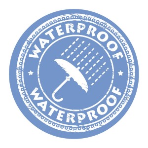 blue stamp with umbrella and text: waterproof