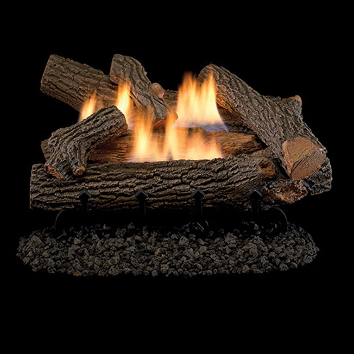 gas log set of several logs with fire burning