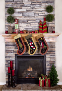 stone fireplace with Christmas decoration