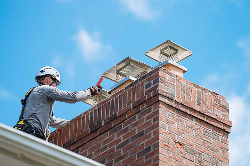 chimney tech with harness and helmet on roof working on chimney