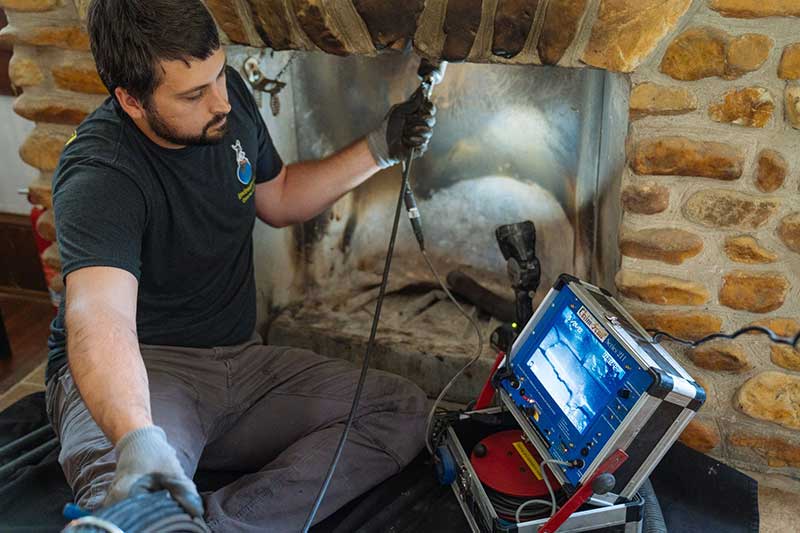 man sitting in floor watching screen while doing an insepection in a fireplace