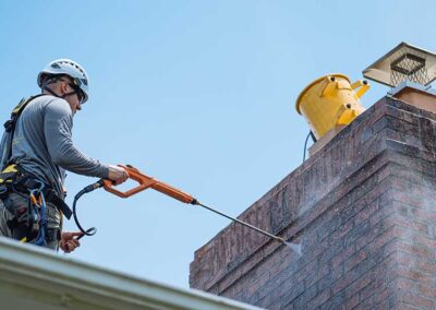 Chimney tech applying a solution to a brick chimney