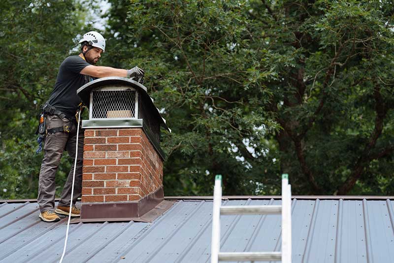 Technician on a roof standing next to a brick chimney inspecting the cap
