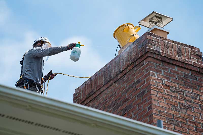 chimney technician is spraying chimney on roof
