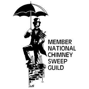 Logo with man holding an umbrella sitting on a chimney that reads Member National Chimney Sweep Guild