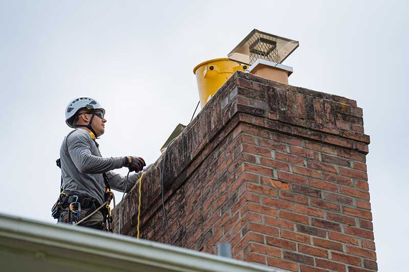 chimney tech with helmet on roof standing next to chimney with bucket on top of it