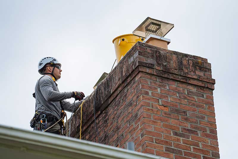 Original Photo-Chimney Leaks and Repairs.-Environmental Chimney Service - Asheville NC chimney tech with helmet on roof standing next to chimney with bucket on top of it