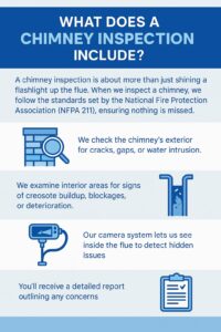 Original infographic featuring a blue and white color scheme with bold navy headers and light blue background sections. The title reads “What Does a Chimney Inspection Include?” followed by text explaining that inspections go beyond a simple flashlight check, following NFPA 211 standards. Four illustrated sections feature blue line icons: a magnifying glass over a brick chimney (checking for cracks, gaps, or water intrusion), a dripping pipe (examining for creosote buildup, blockages, or deterioration), a camera probe (inspecting the flue interior for hidden issues), and a clipboard with a checkmark (providing a detailed report of concerns). The design uses clean sans-serif text and alternating light blue and white panels for visual separation.